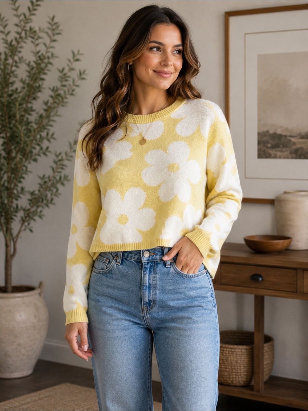 Women's Yellow Floral Crewneck Sweater